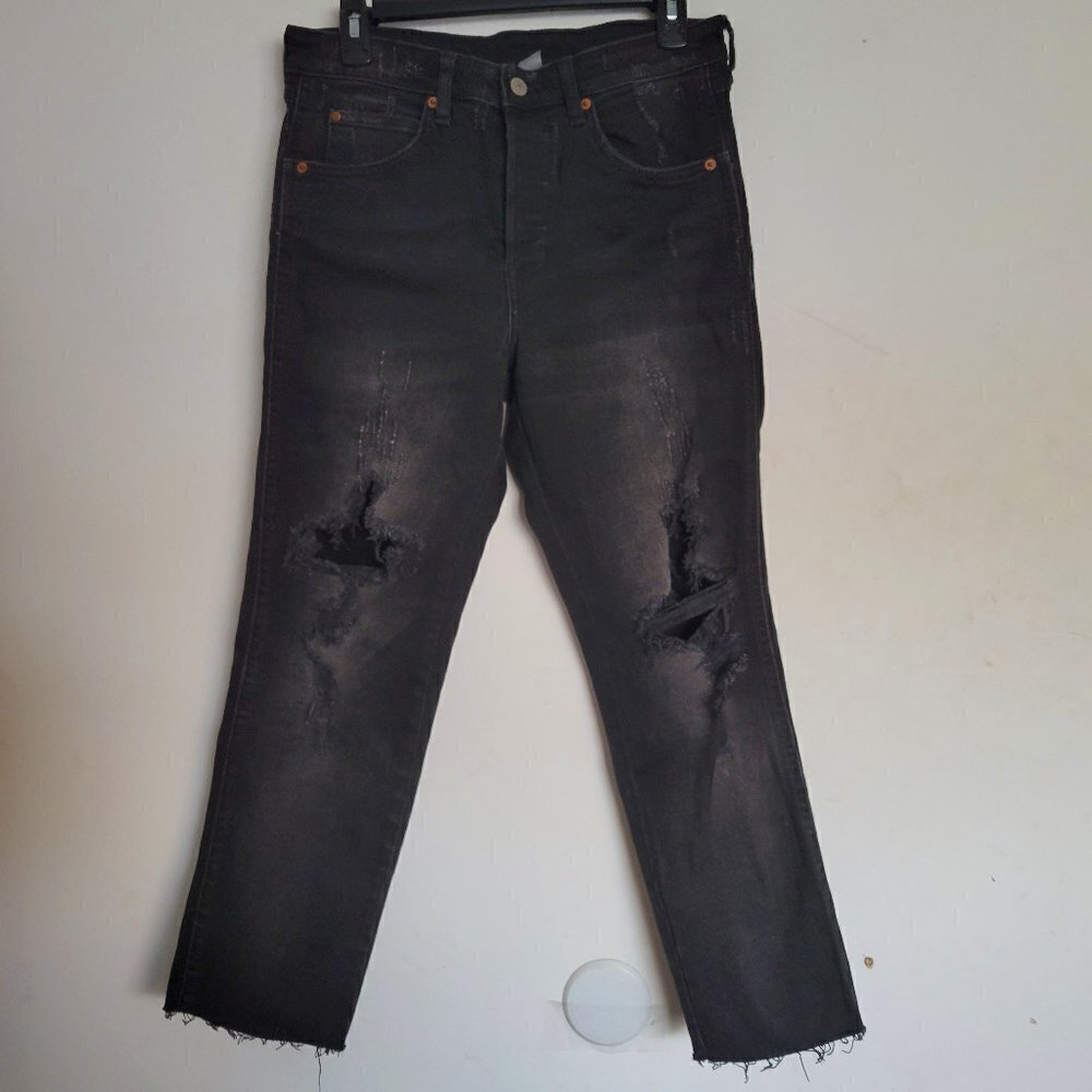 NEW Divided H&M High Slim Cropped Button Fly Raw Hem Distressed Black Jeans 10